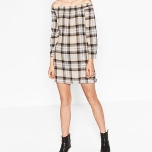 ZARA New Plaid Off-Shoulder Dress